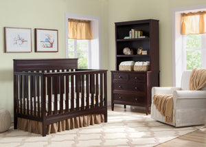 Delta Children Dark Chocolate (207) Fabio 4-in-1 Crib Side View with Props 1 d1d 3